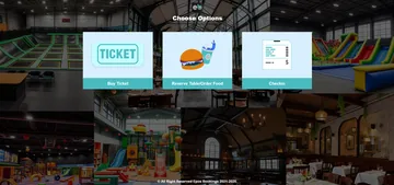 Pantalla de inicio de quiosco de demostración con compra de entradas, mesa o pedidos de alimentos, y opciones de check-in.