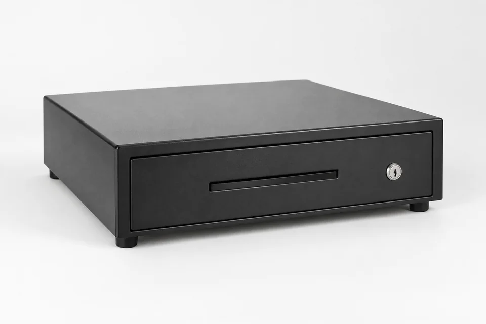 Generic illustration of a closed black metal cash drawer.