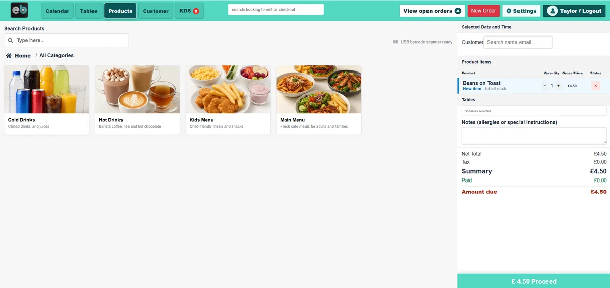 EPOS Bookings Demo der Produktkategorien in der Kasse