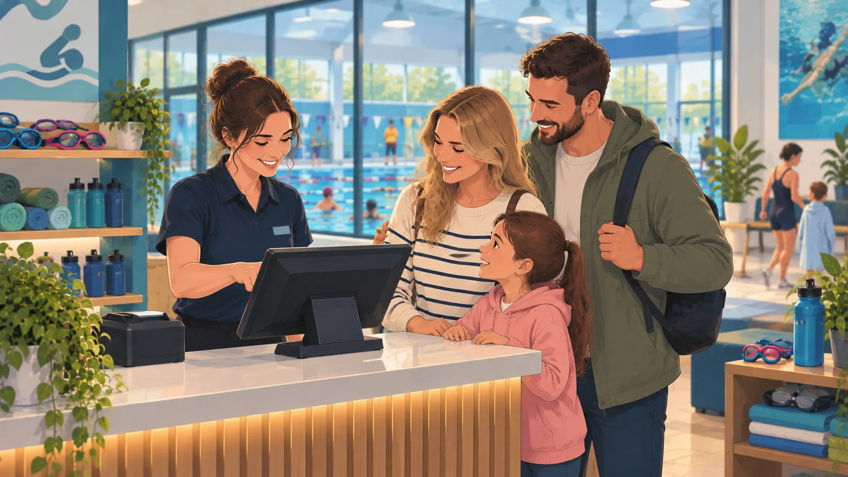 Illustration of a family checking a swimming session booking at leisure centre reception