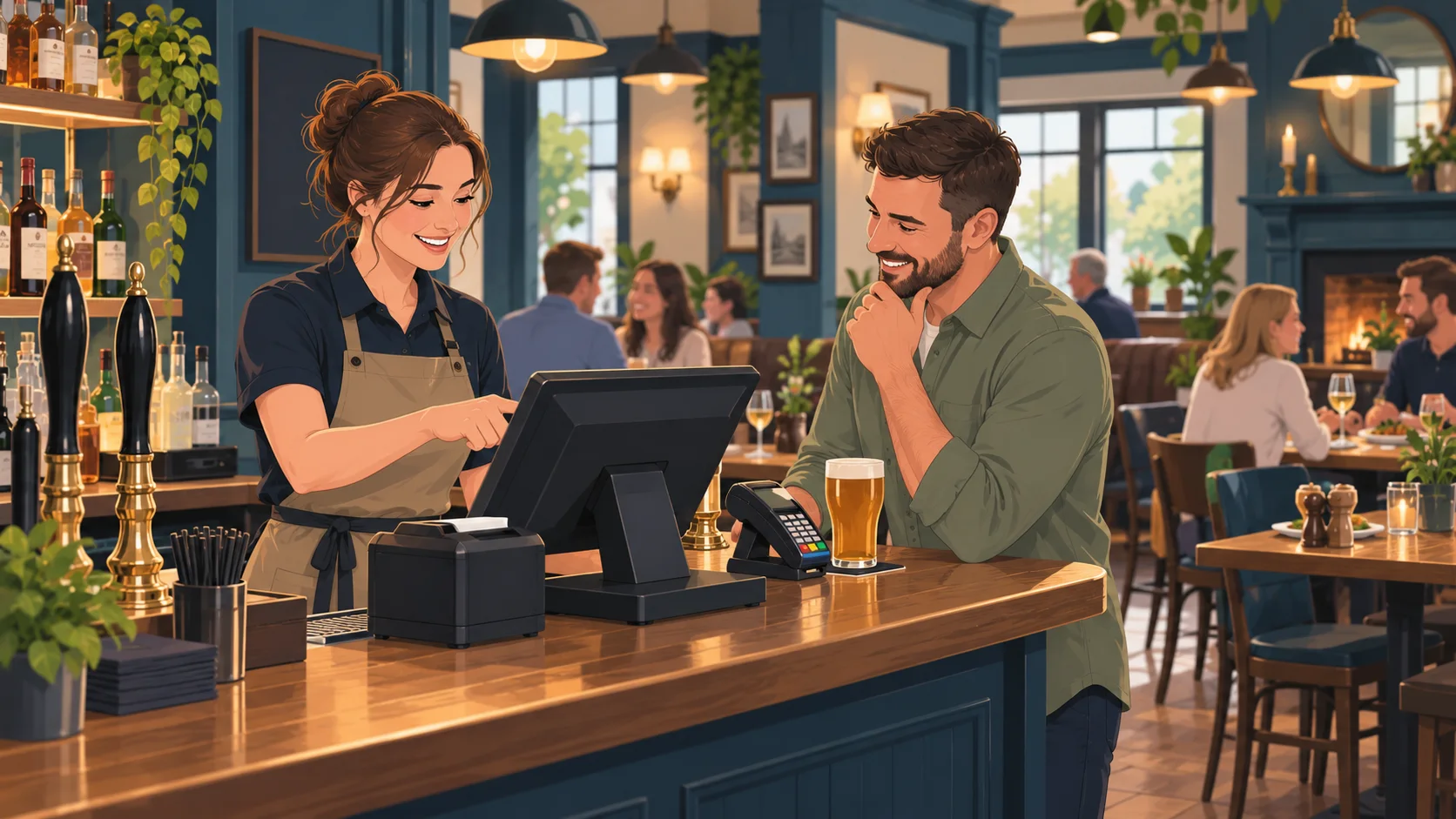 Illustration of a pub team taking a food and drink order at the bar