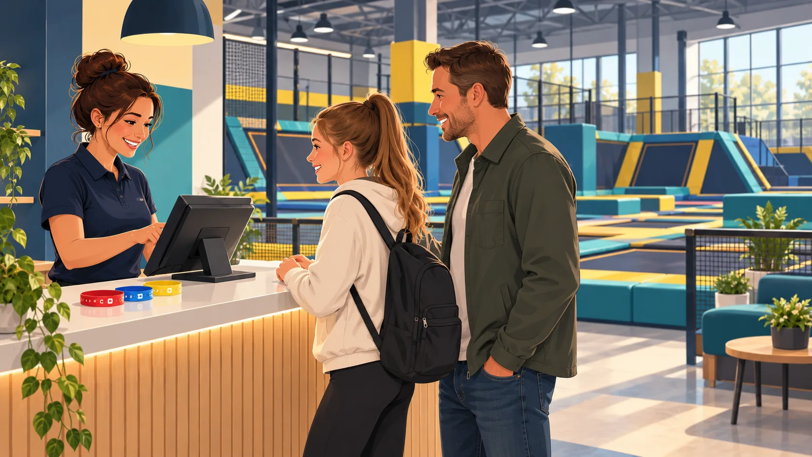 Illustration of trampoline park reception with staff, visitors and coloured session wristbands