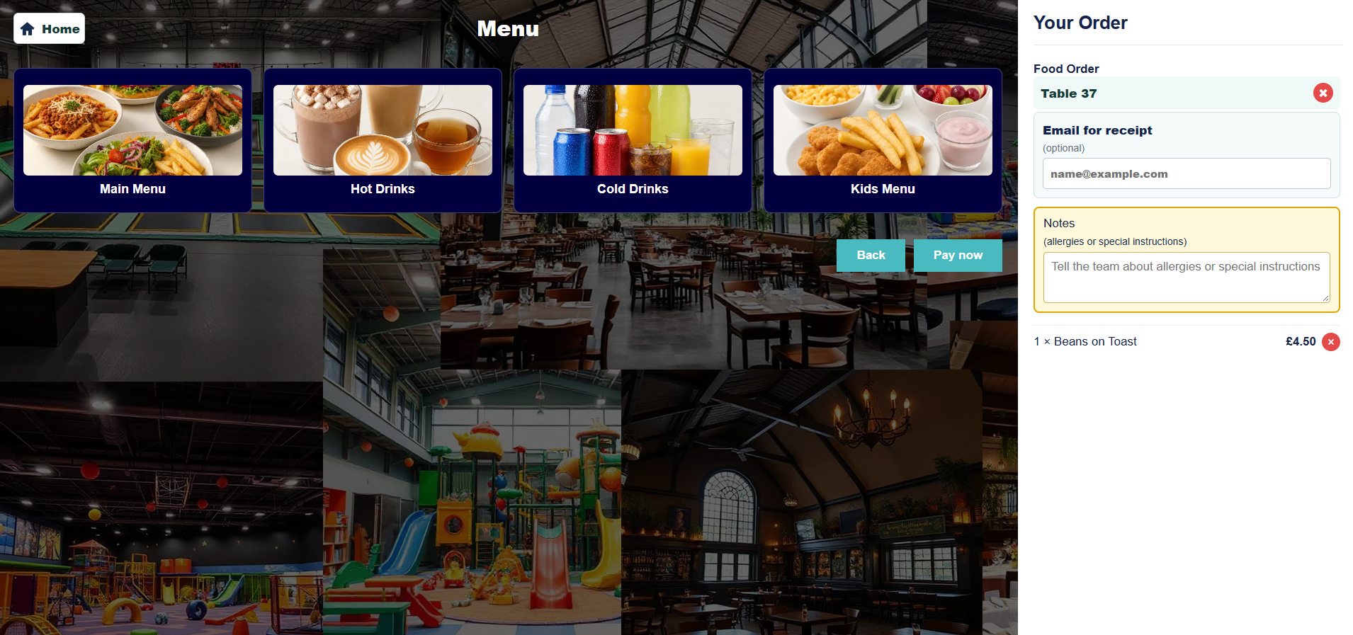Quiosco de autoservicio de EPOS Bookings con opciones para pedir comida y bebida