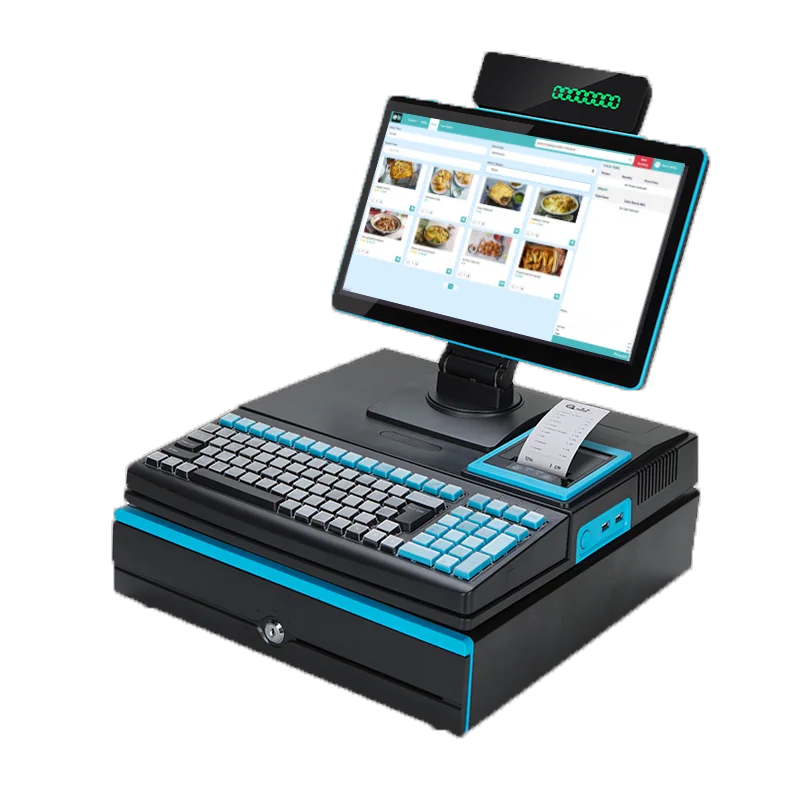 Countertop POS-Baugruppe mit Touchscreen und zugehöriger Checkout-Ausrüstung.